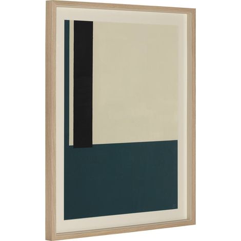 Toile encadrée abstraite vert océan - blanc, vert océan, noir et bois naturel (1/3)