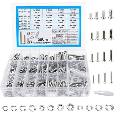 680 pièces, M3 M4 M5 M6 Vis tête fraisée, écrous et rondelles, ensemble de vis à tête plate, lot de vis de machine, Assortiment de vis cruciformes pour fixation de machines(680) (1/5)