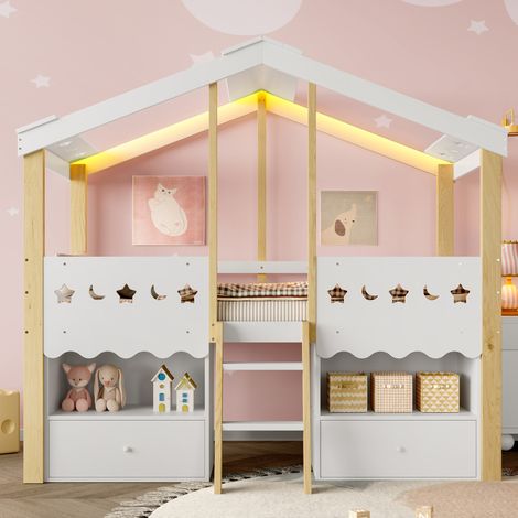 Cama infantil alta casa con LED y 2 cajones 90x200 OKMYHOME (1/5)