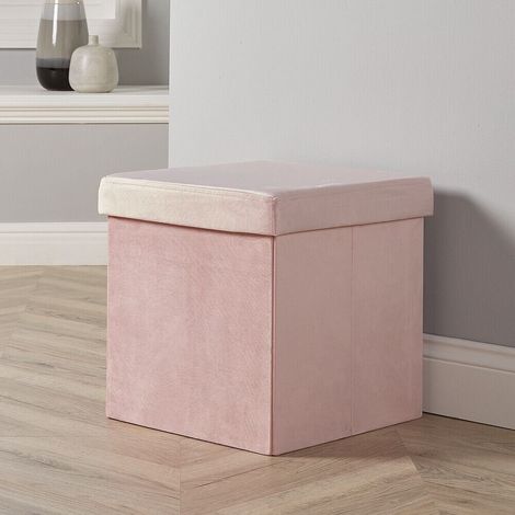 Square Folding Ottoman Velvet Blush Chest Storage Space Saving Bedding Box (1/5)