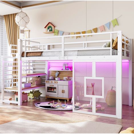 Hochbett aus Metall Weiß 90x200 cm mit Stauraumtreppe, LED und Fenstern (1/5)