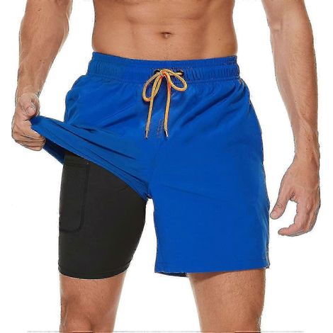Short de bain homme avec doublure de compression et séchage rapide - Short de plage/surf avec poches zippées pour homme Dark Blue-S (1/5)
