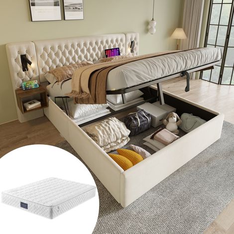 Lit double 160x200 velours avec rangement hydraulique - 2 tables de chevet, tête de lit LED USB et matelas - beige Complet (avec matelas) (1/5)