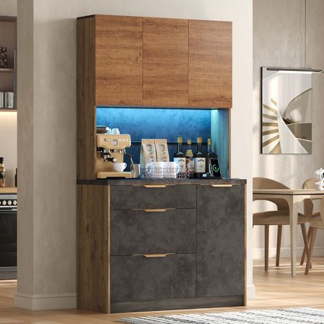 Alacena de cocina 100 x 40 x 180 cm - led, enchufes integrados, 4 puertas, 3 cajones - estilo moderno - MDF - natural (1/5)