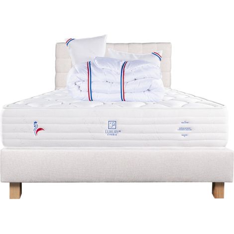 Ensemble Matelas Patriote Mousse 27cm ferme face été/hiver+sommier beige ep20cm+oreiller+couette+Tête de Lit, 160x200cm (1/5)