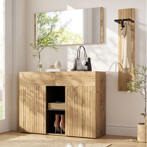 Ensemble meuble d’entrée 125x35x178 cm avec miroir, penderie, meuble à chaussures, tiroirs, noir et bois naturel (1/5)