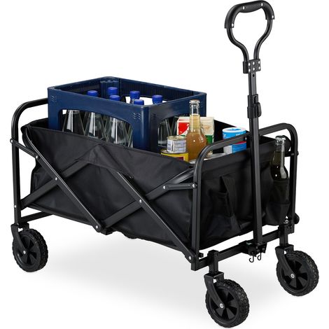 Relaxdays Bollerwagen, faltbar, 100 kg, Teleskopgriff, Gummireifen, Transportwagen Einkauf, Camping, Strand, schwarz