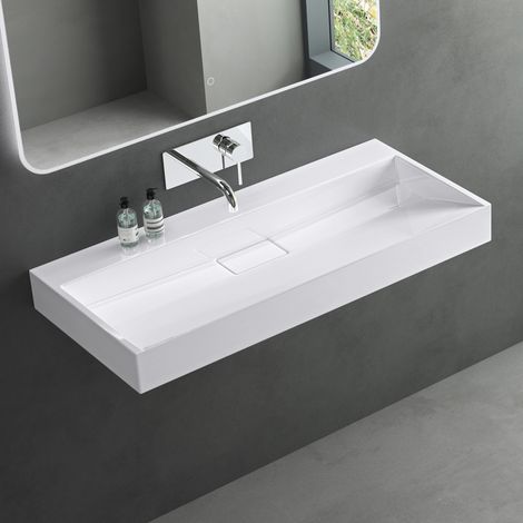 Mai & Mai – Lavabo suspendu blanc 100x46x11cm – Vasque rectangulaire sans perçage – Résine de synthèse durable – Installation facile - Col19 (1/5)