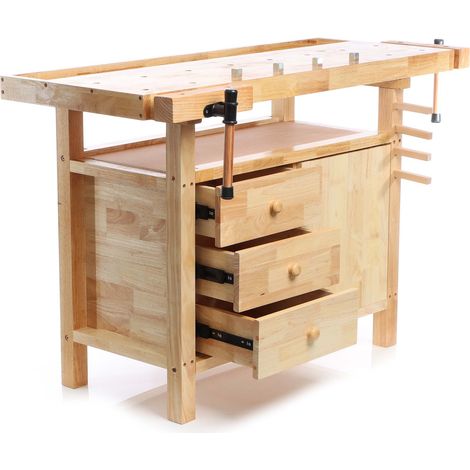 Wiltec Hobelbank 126 x 50 x 84 cm aus Holz, Werkbank bis 150 kg, Werktisch mit Spannzangen, Schubladen und Gerätefach, Arbeitstisch aus Rubberwood