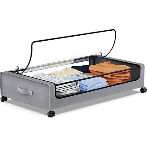 Boîte de rangement sous lit avec couvercles et roulettes, multifonctionnelle, pour vêtements, chambre ou dortoir. Tiroirs de rangement transparents et visibles sous le lit avec poignée de transport. (1/5)