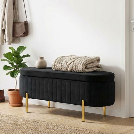Banc de rangement ovale 72 L avec couvercle relevable, assise rembourrée, velours noir (1/5)