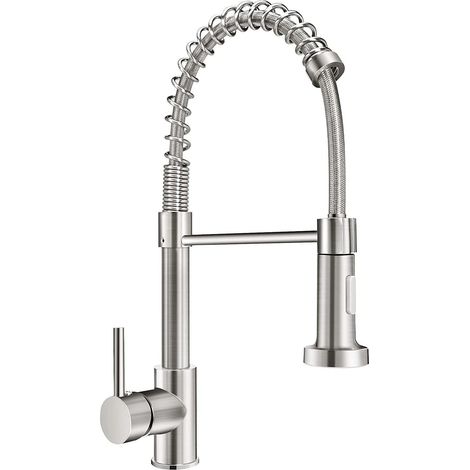 Robinet d'évier de cuisine haute pression, mitigeur monocommande, bec flexible avec ressort en spirale, robinet de cuisine avec douchette extensible, mitigeur en acier inoxydable (1/5)