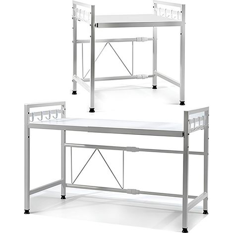 TRADE SHOP - Mensola Allungaile Da 40-65cm Salvaspazio Con 8 Ganci Per Appendere Utensili Arredo Casa - Bianco (1/5)
