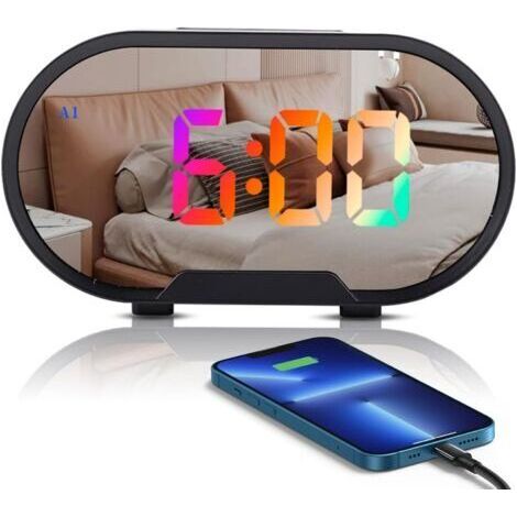 royaluxe-Réveil numérique LED, Grand écran de 5,5 Pouces, Surface Miroir, réveils électriques pour Le Maquillage avec Mode de Gradation, Volume d'alarme réglable, Deux Ports USB
