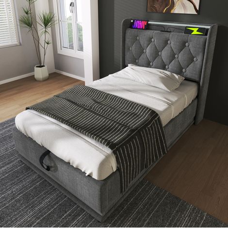 FLORAGRACE Lit coffre 90x200 cm gris en lin, cadre de lit avec LED 360°, USB Type-C, rangement hydraulique (1/5)