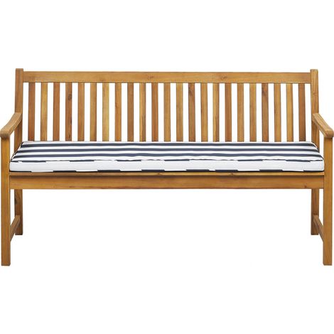 Banco de jardín de madera de acacia clara 160 cm listones cojín azul/blanco para exterior estilo rústico Vivara (1/5)