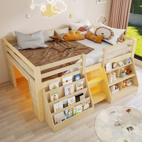 Lit mezzanine - 140x200 cm - échelle - barrières de sécurité - rangements intégrés - éclairage led - pin et mdf - naturel (1/5)