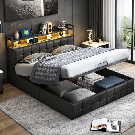 Lit double 160x200cm, cadre de lit avec éclairage LED et charge USB, lit adulte avec rangement, lit coffre avec 4 tiroirs, sommier à lattes, sans matelas, PU, noir