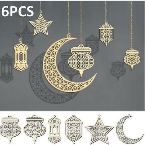 Lot de 6 lanternes décoratives, bois naturel haute densité, guirlande dorée, pour Ramadan et Aïd