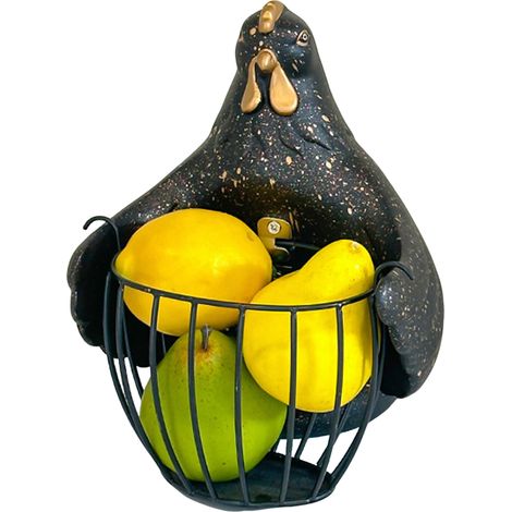 Cesta de Almacenamiento Estilo Granja, Diseño Gallo Negro en Resina para Huevos y Frutas – Ideal para Decoración Rústica de Cocina (1/4)