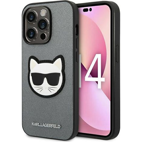 Custodia per iPhone 14 Pro Karl Lagerfeld Saffiano Choupette Head Patch Argento (1/5)