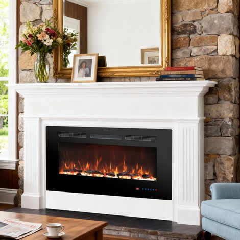 Parrot Uncle Wall Mounted Electric Fireplace 42 Inch, Recessed Electric Fire with LED Flame Effect, 1500W Heater and Remote Control for Living Room