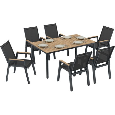 Set da giardino nero con tavolo e sedie – Piano del tavolo a doghe – 6 sedie traspiranti – Ideale per terrazzo o patio