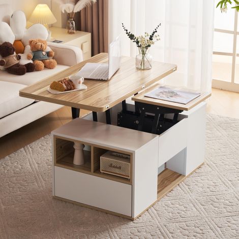 Mesa de centro rectangular de interior, multifuncional y ajustable, en color blanco y madera, con 2 cajones y estantes abiertos, ideal para salón, estudio, apartamento u oficina. (1/5)