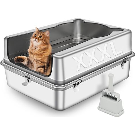 Très Grand Bac à litière pour Chats en Acier Inoxydable, XXXL 70 x 50 x 30 CM bac à litière Amovible Semi-fermé avec paroi Haute, Pelle, Anti-Fuite, Anti-adhésif et Facile à Nettoyer (1/5)