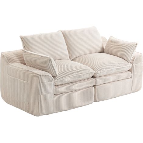Canapé 2 places en velours côtelé beige, modulable, avec coussins et poches latérales, mousse 3 couches + ressorts pour salon, bureau et chambre - CHICFURN (1/5)