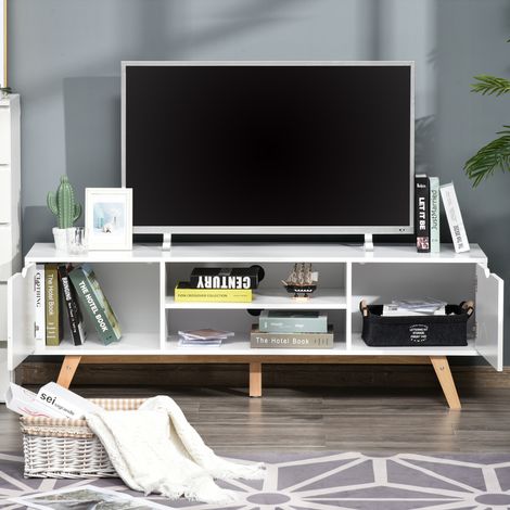 Meuble TV 65 pouces, avec 2 placards, 2 étagères ouvertes et pieds en bois, 150 x 39 x 50 cm, blanc