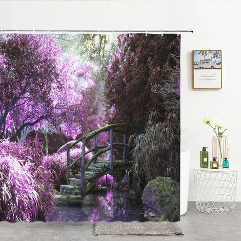 Tenda da doccia stampata in 3D, motivo foresta, 180 x 200 cm, impermeabile e lavabile, con ganci.