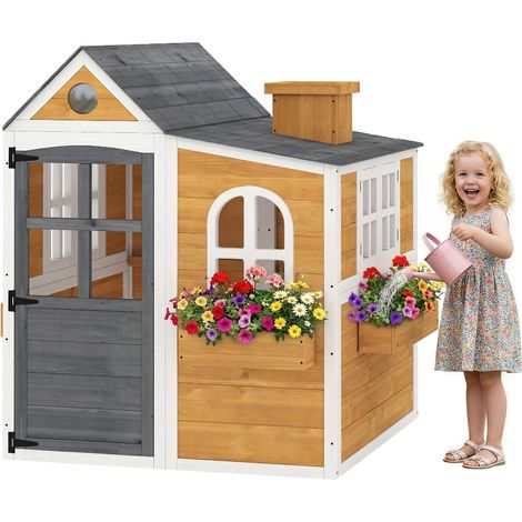 Cabane enfants bois extérieur avec porte fenêtres 3 salles de bain fleurs jaune