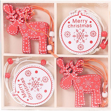 12pcs Boules de Noël en Bois, Décorations Arbre de Noël, Petits Pendentifs Peints, Cadeaux Festifs dans Boîte Élégante, 6cm (1/2)