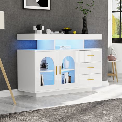 LED Sideboard 120cm Weiß Hochglanz Buffetschrank Modern Wohnzimmer Kommode Kaffeebarschrank mit 16 Farben App-Steuerung, 3 Schubladen 2 Türen