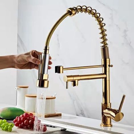 Küchenarmatur 360 ° Drehbar Spiralfeder 2 Strahlmodi Herausziehbarer Duschkopf, Roségold Gold