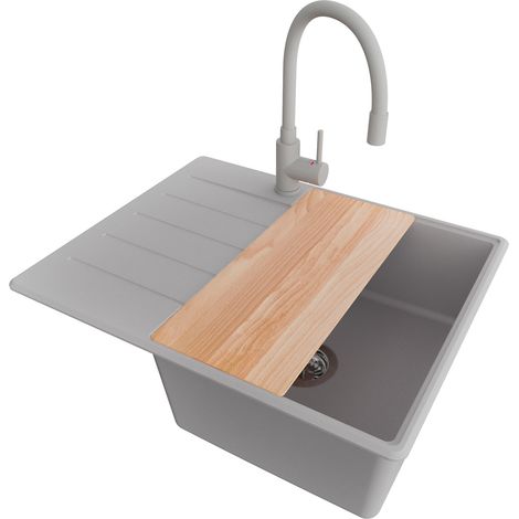 PRIMAGRAN Evier Cuisine en Granit 62x50cm, Lavabo 1 bac + Robinet 38x14cm + Kit de Vidage + Accessoire, Évier à Encastrer au meuble 45cm - Copenhague, Gris (1/5)