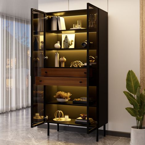 Pour Exposer et Ranger Contrôle Connecté via Appli Meuble Vitrine Noir 2 Portes en Verre avec 2 Tiroirs (1/5)