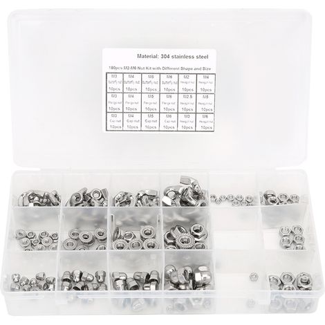 180PCS Écrous en Acier Inoxydable Kit Assorti Aile Bride Capuchon Hexagonal M2 M2.5 M3 M4 M5 M6 (1/5)