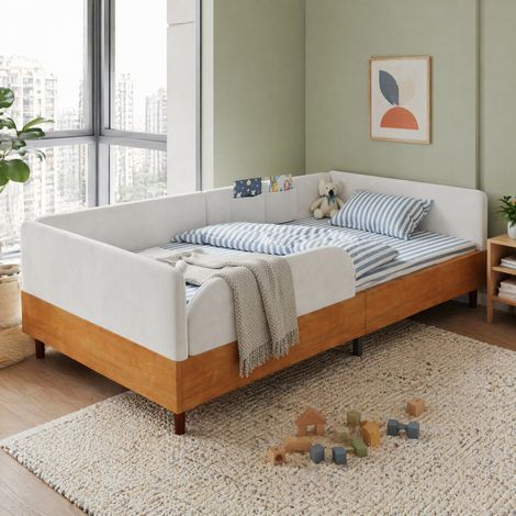 Cama infantil 90x200 cm de terciopelo y madera blanca, con almacenaje, sin colchón FloraGrace (1/5)