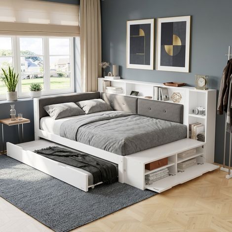 Lit Enfant 120x200 cm avec Lit Gigogne 90x190 cm, Rangement Latéral, Tête de Lit Rembourrée, Banc Coffre et Prise USB - Blanc (1/5)