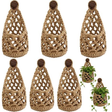 Porte-plantes suspendus en macramé, lot de 6, supports muraux 24 x 13 cm et 20 x 10 cm, pour intérieur et salon, couleur lin (1/5)