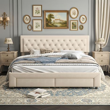 Lit double 160x200 cm, lit avec tête de lit capitonnée et rangement, système de stockage à soulèvement hydraulique, avec 2 tiroirs en bout de lit, velours, sommier à lattes - Beige