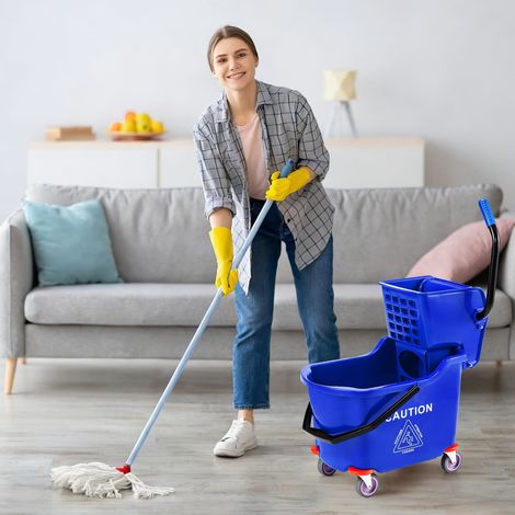 Chariot de nettoyage professionnel Kentucky 32L/33L – Double seau robuste avec presse-essoreuse sur roulettes – Idéal sols industriels, hôtels, écoles, usage commercial et domestique – Couleur : Bleu (1/5)