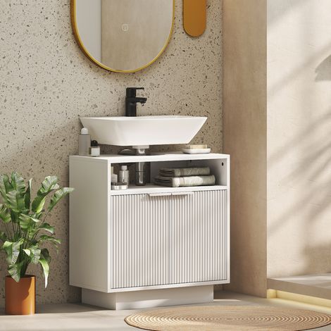 Mobiletto sottolavabo con 2 ante scanalate e vano a giorno per lavabo senza colonna, 60x33x63 cm, bianco