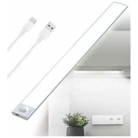 Réglette LED Cuisine Sous Meuble Rechargeable USB - 40 cm - 2500 mAh - Lampe Placard Détecteur de Mouvement - Barre LED Sans Fil Rechargeable - Lumière avec Capteur PIR à Pile pour Escalier Intérieur, (1/4)