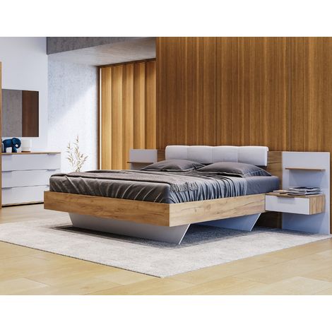 Azura Home Design – Lit ASTO 160x200 cm – Chevets suspendus en mélaminé haute densité – Blanc laqué et chêne clair – Montage simple (1/5)