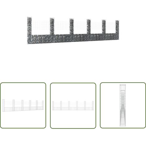 The Living Store Panier de gabion en forme de U avec 6 poteaux Fer 620x20x150 cm - Panneau De Cloture - Clôture Jardin - Gabion - Clôture Decorative - Mur De Soutènement (1/5)
