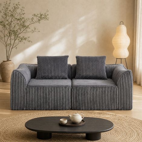 Divano modulare in velluto a coste grigio, 185 x 101 x 72,5 cm, con 2 cuscini (1/5)