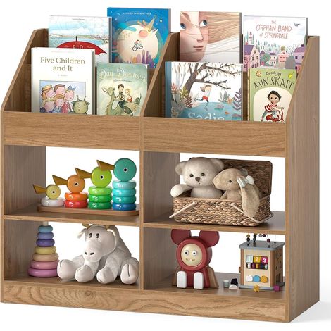 Bibliothèque Enfant Montessori à 2 Niveaux avec 4 Compartiments Ouverts, Étagère à Livres Bois avec 2 Dispositifs Anti-Basculement, Meuble (Naturel) (1/5)